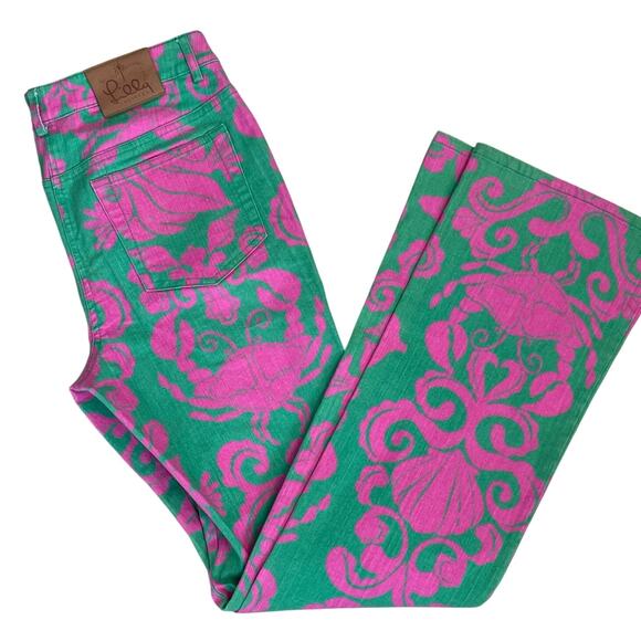 Lilly Pulitzer Rare Vintage Where's The Reef  Pink Green Jeans Sz 4 Flare - Picture 1 of 10